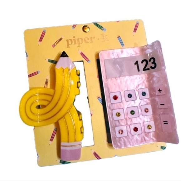 🔹️Piper K🔹️ Adorable Yellow Pencil and Pink Calculator Set Hair Clip - Picture 2 of 2